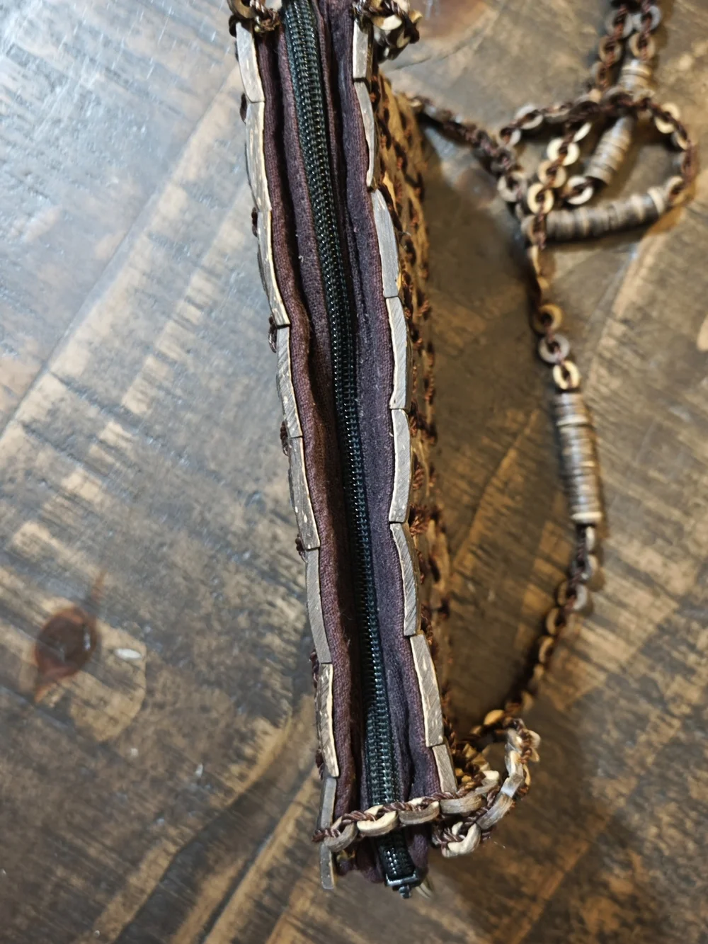 Handcrafted Thai Coconut Shell Cross-Stitch Shoulder Bag in Brown-Tone